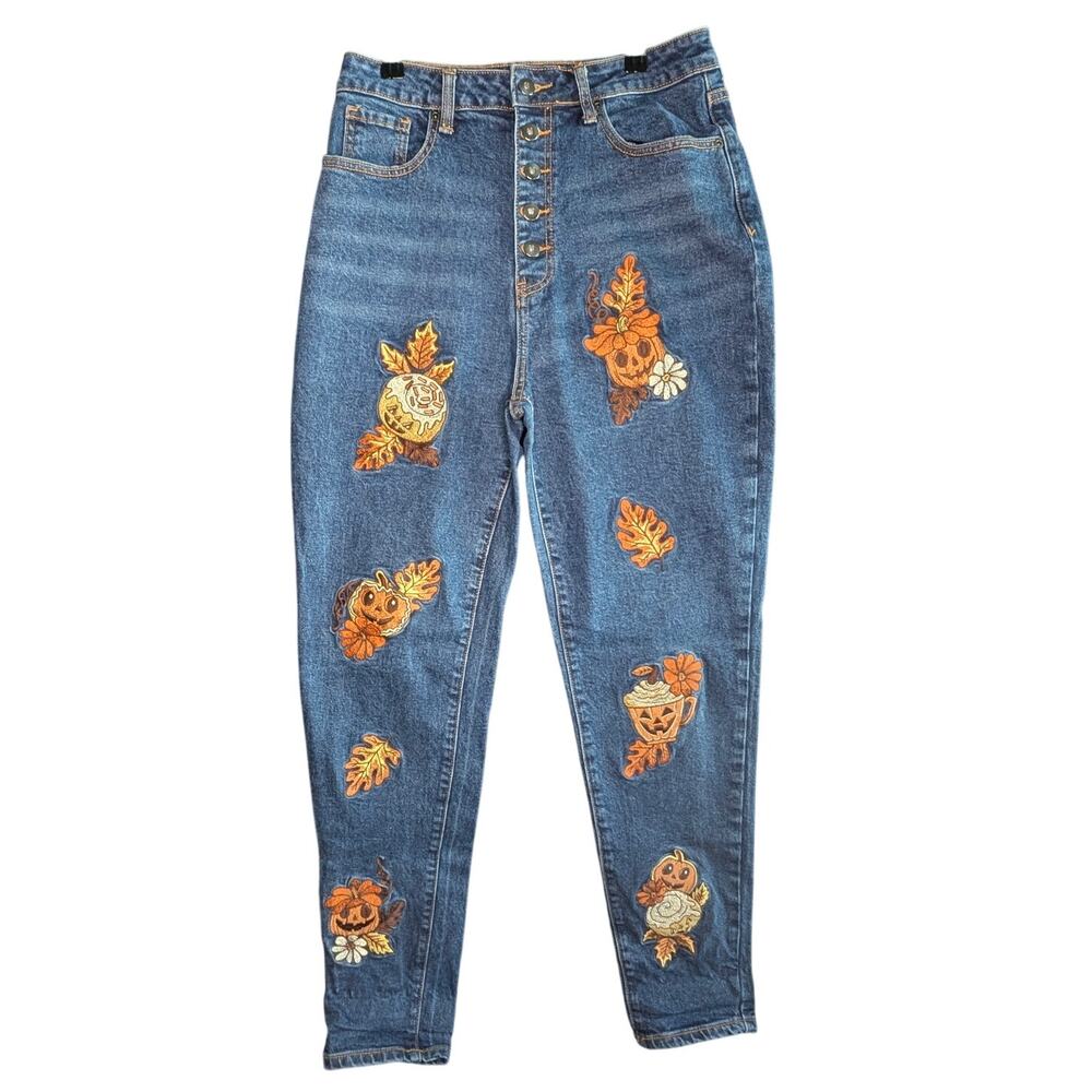 Hot Topic Jack-O-Lantern Treats Embroidered High Rise Mom Jeans Womens Sz 9 PSL